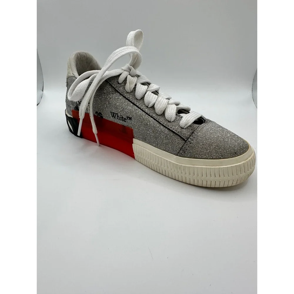 Off-White‎ Kids Low Vulcanized Silver Glitter Sneakers Zip Tie Shoes